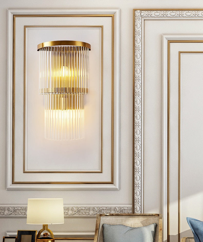 Lámpara de matorral de cristal de 2 niveles moderna luz dorada de 2 luces luz montada en la pared para dormitorio