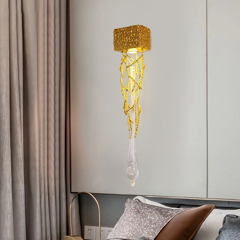 Crystal Droplet Wall Lamp Postmodern 1 Bulb Gold Plated Sconce Lighting for Stairs