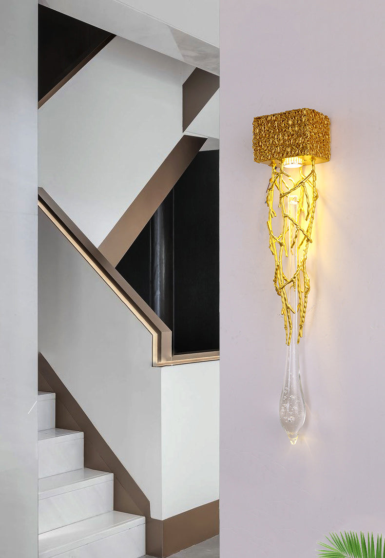 Crystal Droplet Wall Lamp Postmodern 1 Bulb Gold Plated Sconce Lighting for Stairs