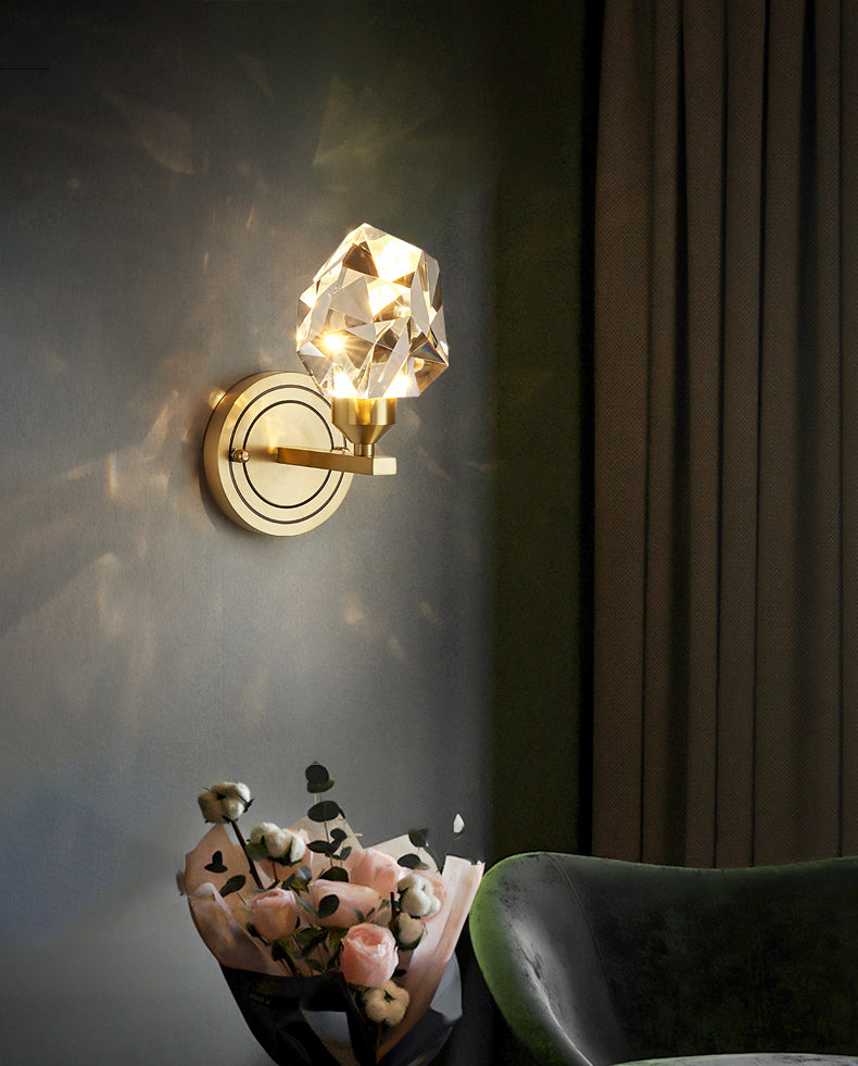 Modern Romantic Geometric Wall Sconce Copper Indoor LED Wall Light with Crystal Shade