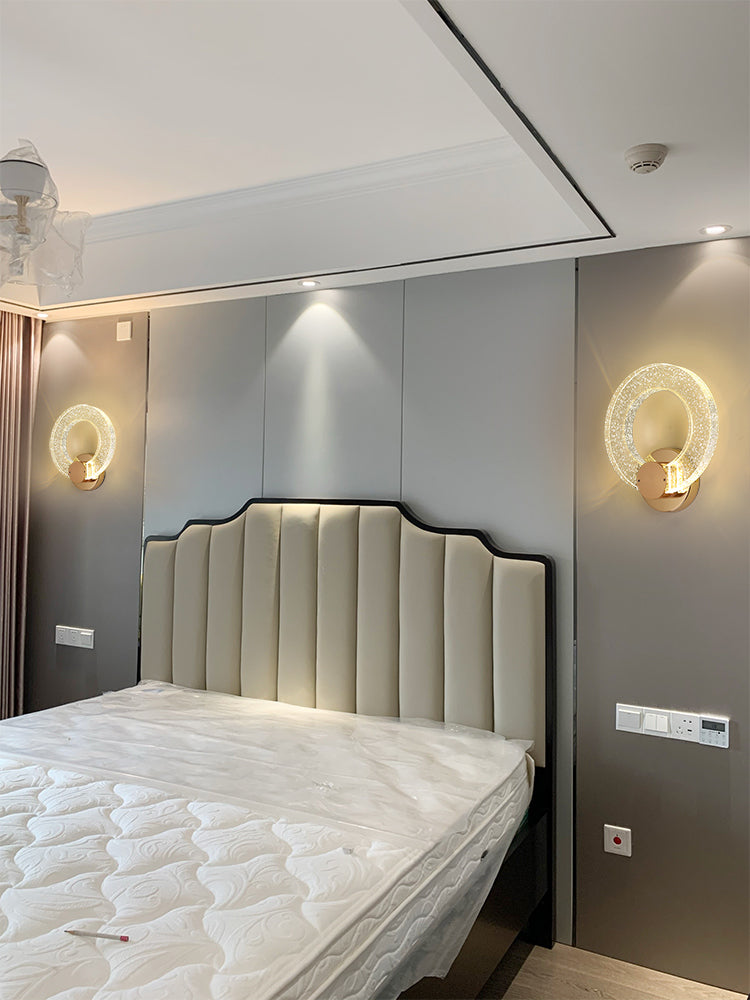 Gold Contemporary 1-Light LED Wall Sconce Circle Crystal Wall Mounted Light for Bedroom