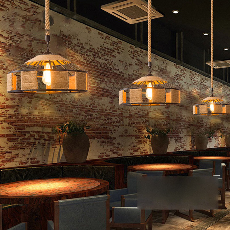 1-Bulb Pendant Lamp Countryside Cage Rope Suspension Light Fixture in Beige