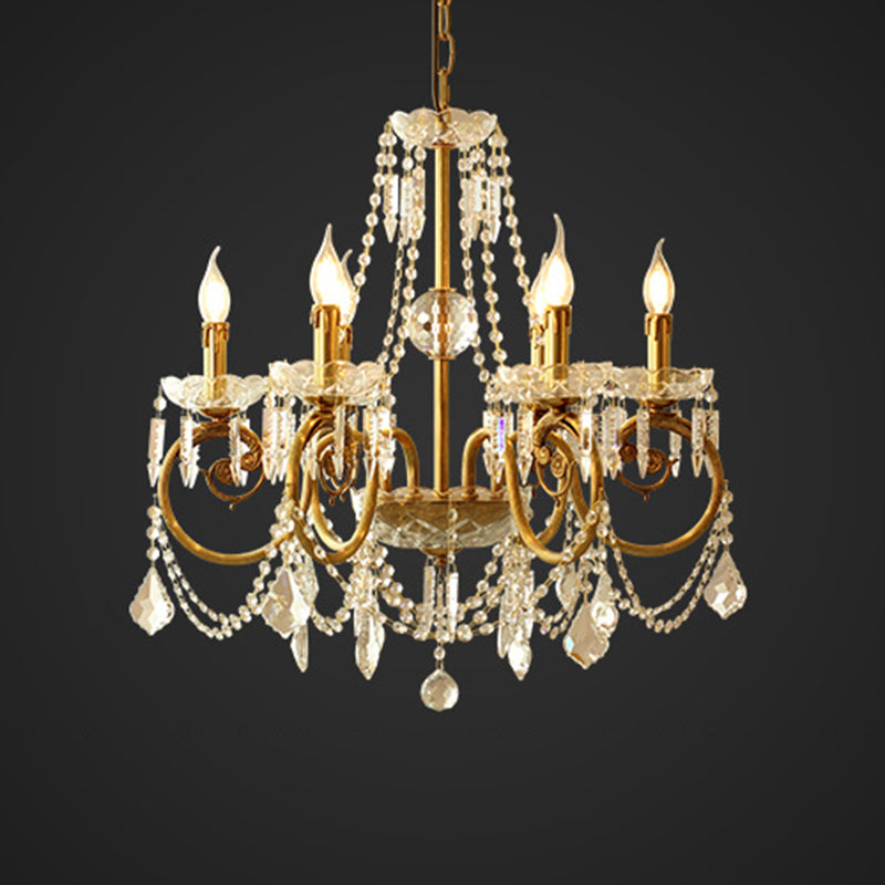Gold Retro Rustic Style Crystal Large Chandelier Full Brass Candlestick Design Elegant Lighting Fixture for Living Room