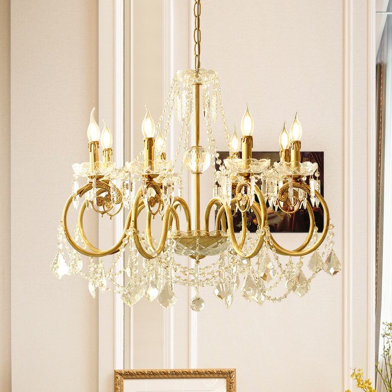 Gold Retro Rustic Style Crystal Large Chandelier Full Brass Candlestick Design Elegant Lighting Fixture for Living Room