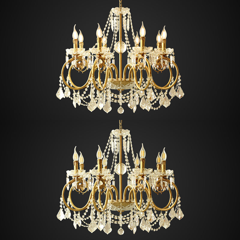 Gold Retro Rustic Style Crystal Large Chandelier Full Brass Candlestick Design Elegant Lighting Fixture for Living Room