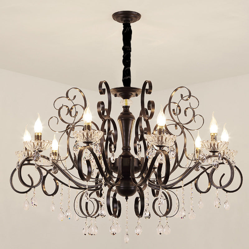 Black American Rustic Style Large Chandelier Vintage Candlestick Design Metal Pendant Light with Crystal Drops