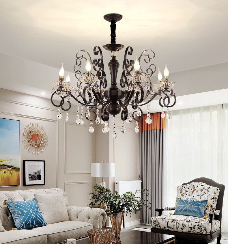 Black American Rustic Style Large Chandelier Vintage Candlestick Design Metal Pendant Light with Crystal Drops