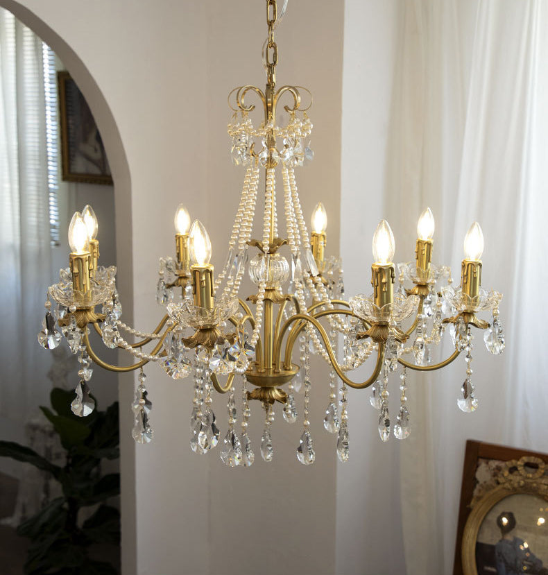 Multi-lights Vintage Candlestick Pendant Light Rustic Style Crystal Drops Large Chandelier for Living Room Dining Room