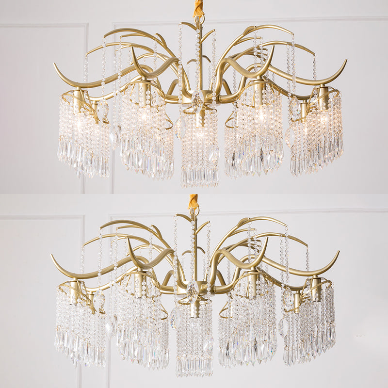 French Style Gold Chandelier Light with Clear Crystal Drops Metal Multi Light Pendant Light for Living Room