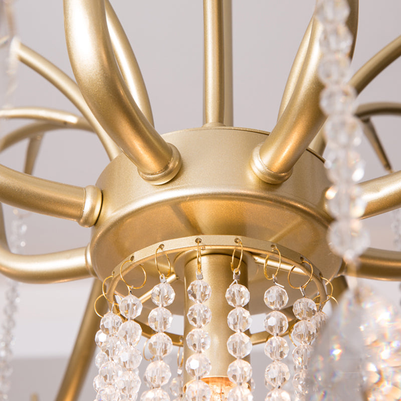 French Style Gold Chandelier Light with Clear Crystal Drops Metal Multi Light Pendant Light for Living Room