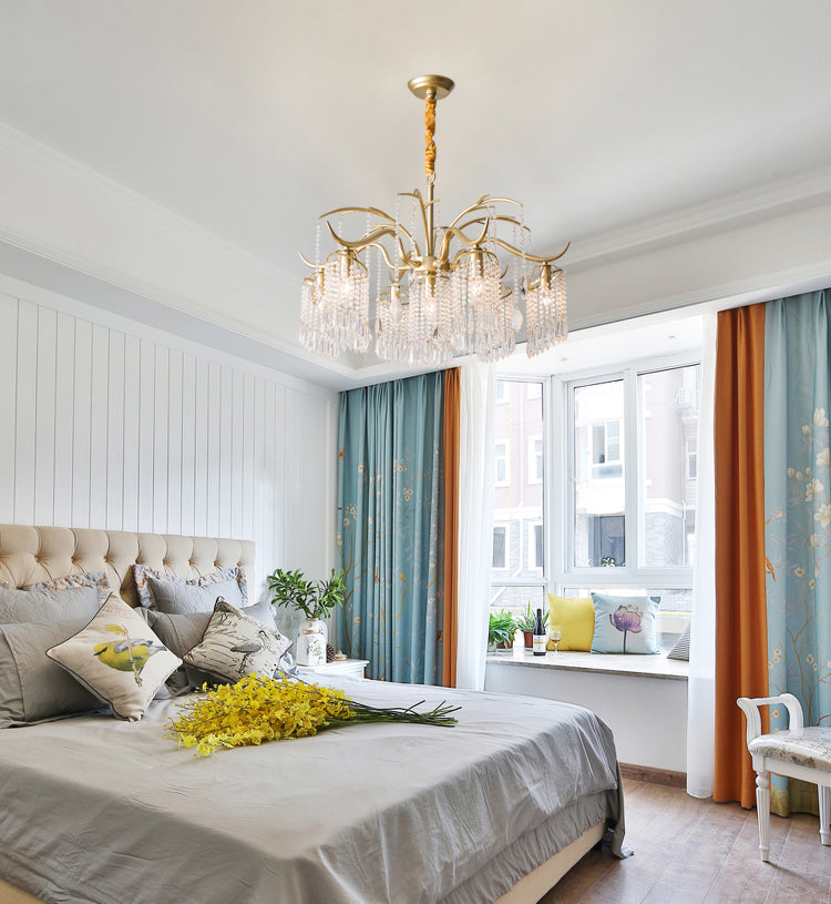 French Style Gold Chandelier Light with Clear Crystal Drops Metal Multi Light Pendant Light for Living Room