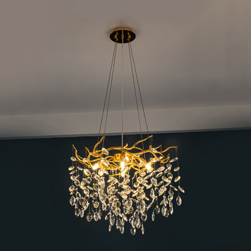 Branches d'aluminium dorées en forme de lustre en cristal transparent gouttes rustiques style pendentif vintage