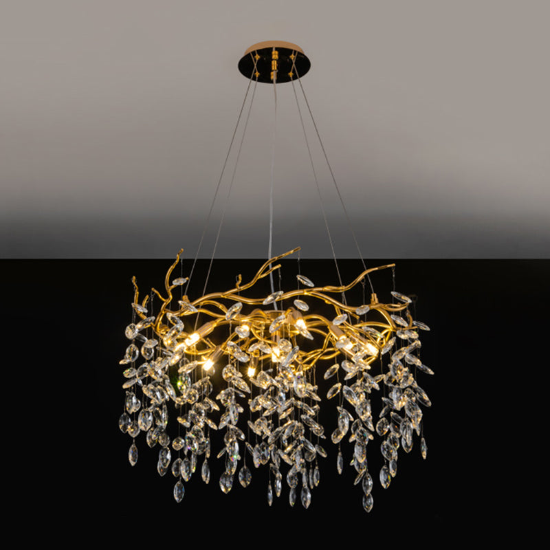 Goldene Aluminiumzweige geformte Kronleuchter transparente Kristalltropfen rustikaler Vintage -Anhänger Licht