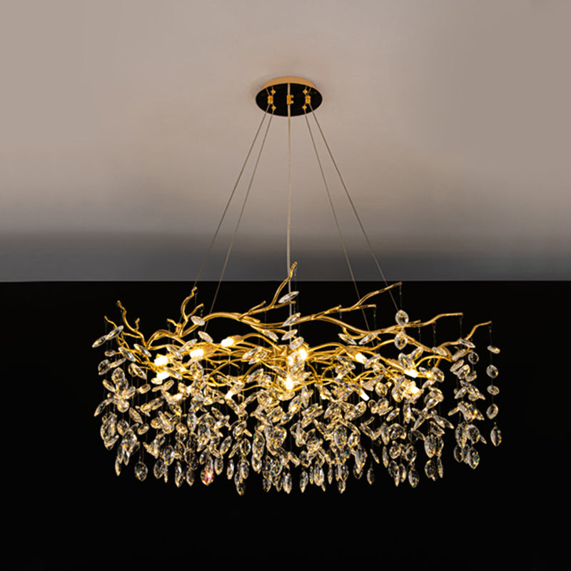 Goldene Aluminiumzweige geformte Kronleuchter transparente Kristalltropfen rustikaler Vintage -Anhänger Licht
