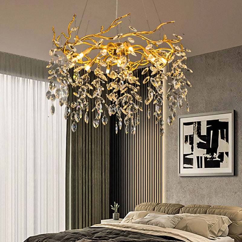 Goldene Aluminiumzweige geformte Kronleuchter transparente Kristalltropfen rustikaler Vintage -Anhänger Licht