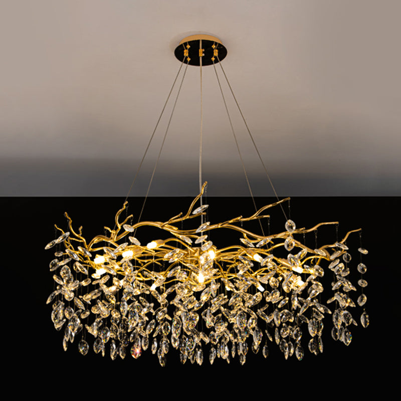 Goldene Aluminiumzweige geformte Kronleuchter transparente Kristalltropfen rustikaler Vintage -Anhänger Licht