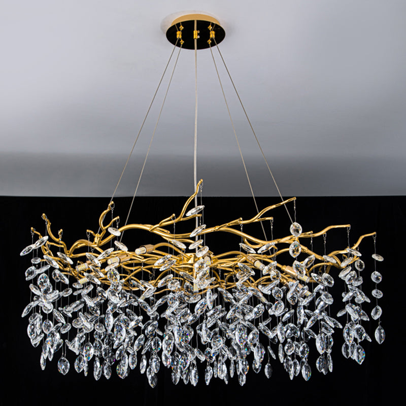 Goldene Aluminiumzweige geformte Kronleuchter transparente Kristalltropfen rustikaler Vintage -Anhänger Licht