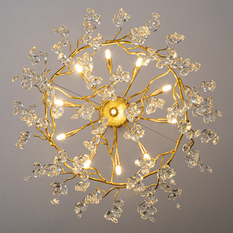 Goldene Aluminiumzweige geformte Kronleuchter transparente Kristalltropfen rustikaler Vintage -Anhänger Licht