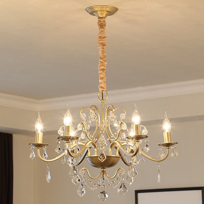 Clear Crystal Pendant Lamp with Candle Lamp Holder Vintage Country Style Chandelier Lighting in Gold