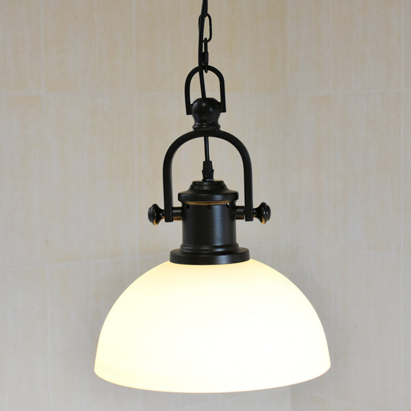 Wrought Iron Single Hanging Light in Industrial Retro Style Dome Glass Ceiling Light for Dining Room