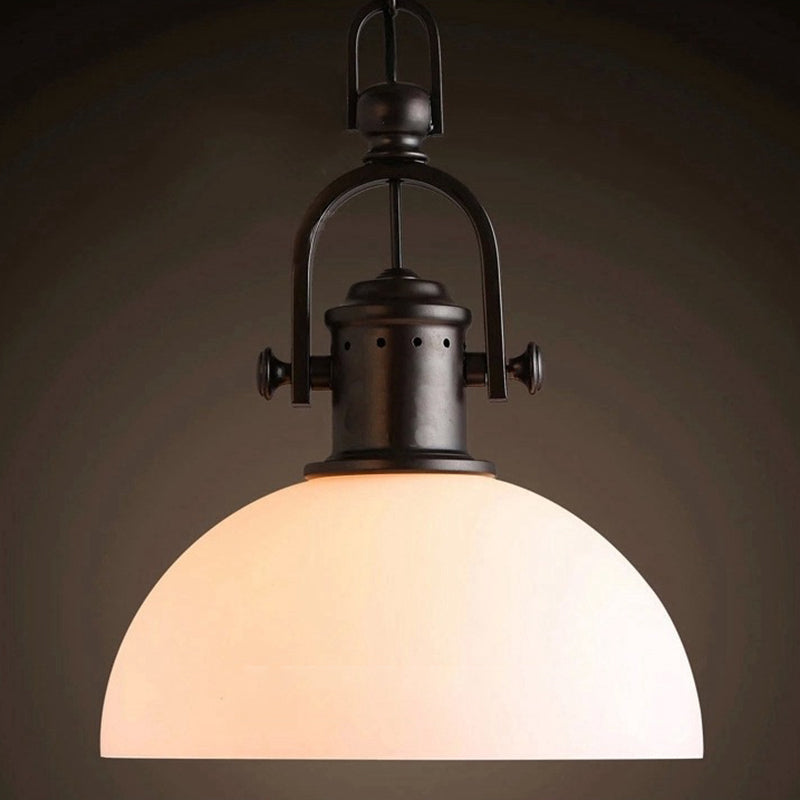 Wrought Iron Single Hanging Light in Industrial Retro Style Dome Glass Ceiling Light for Dining Room
