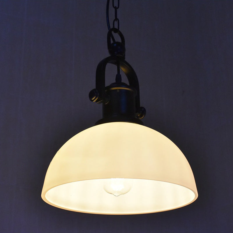 Wrought Iron Single Hanging Light in Industrial Retro Style Dome Glass Ceiling Light for Dining Room