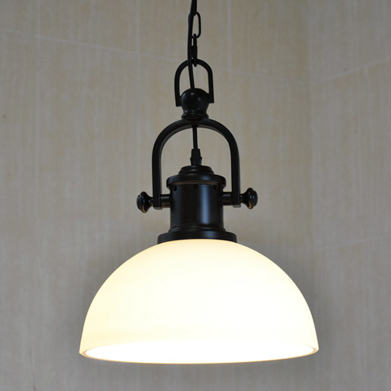 Wrought Iron Single Hanging Light in Industrial Retro Style Dome Glass Ceiling Light for Dining Room