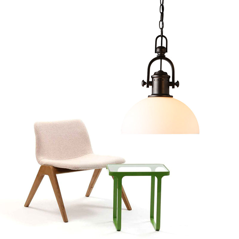 Wrought Iron Single Hanging Light in Industrial Retro Style Dome Glass Ceiling Light for Dining Room