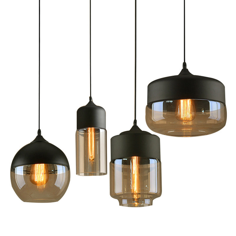 1-Light Geometric Hanging Light in Industrial Vintage Style Wrought Iron Pendant Light with Glass Shade