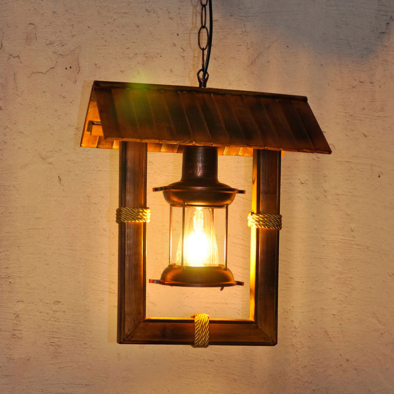 Single Bulb Rectangular Bamboo Retro Hanging Light Nautical Style Kerosene Lamp Modeling Suspended Lamp