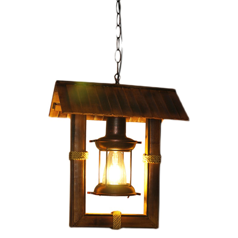 Bulbe simple bambou rectangulaire rétro suspendu lumière nautique de style kérosène modélisation de lampe suspendue lampe