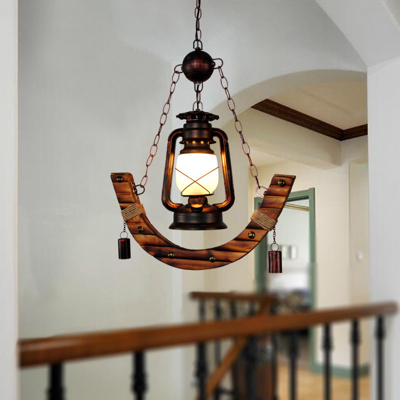 Wooden Anchor Nautical Style Hanging Light Retro Kerosene Lamp Shaped Single Bulb Lighting Pendant for Coffee Shop