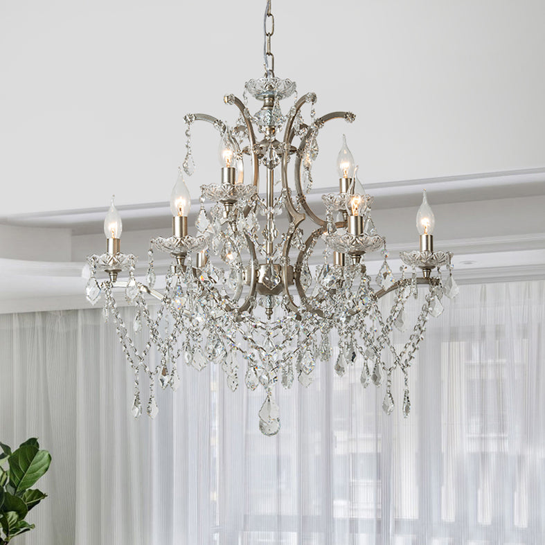 Rustic Style Crystal Large Chandelier Metal Candlestick Design Lighting Pendant with 23.6" Suspension Chain