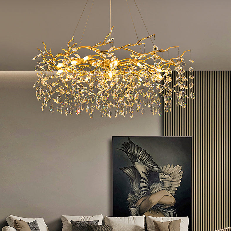 Goldene Aluminiumzweige geformte Kronleuchter transparente Kristalltropfen rustikaler Vintage -Anhänger Licht