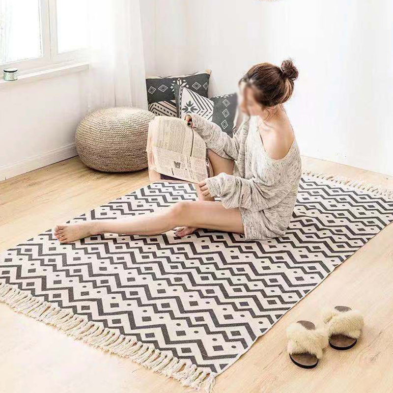 Mehrfarbiger, minimalistischer Teppich, Baumwolle, Tribal-Druck, Innenteppich, Fransenteppich für Wohnzimmer