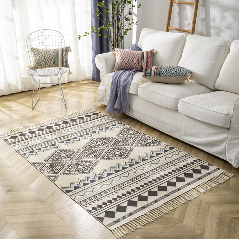 Mehrfarbiger, minimalistischer Teppich, Baumwolle, Tribal-Druck, Innenteppich, Fransenteppich für Wohnzimmer