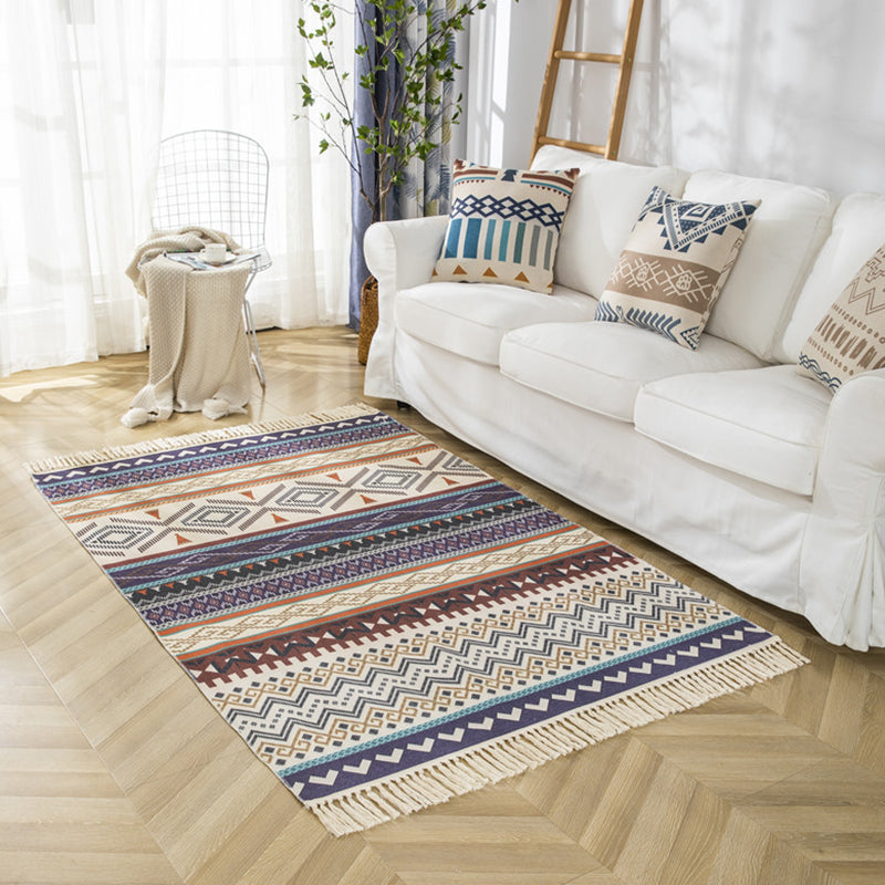 Mehrfarbiger, minimalistischer Teppich, Baumwolle, Tribal-Druck, Innenteppich, Fransenteppich für Wohnzimmer