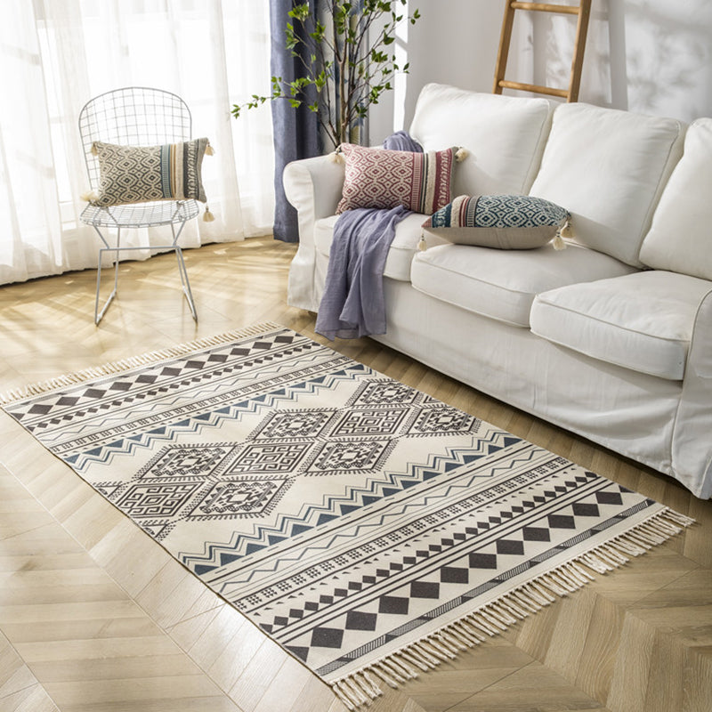 Mehrfarbiger, minimalistischer Teppich, Baumwolle, Tribal-Druck, Innenteppich, Fransenteppich für Wohnzimmer