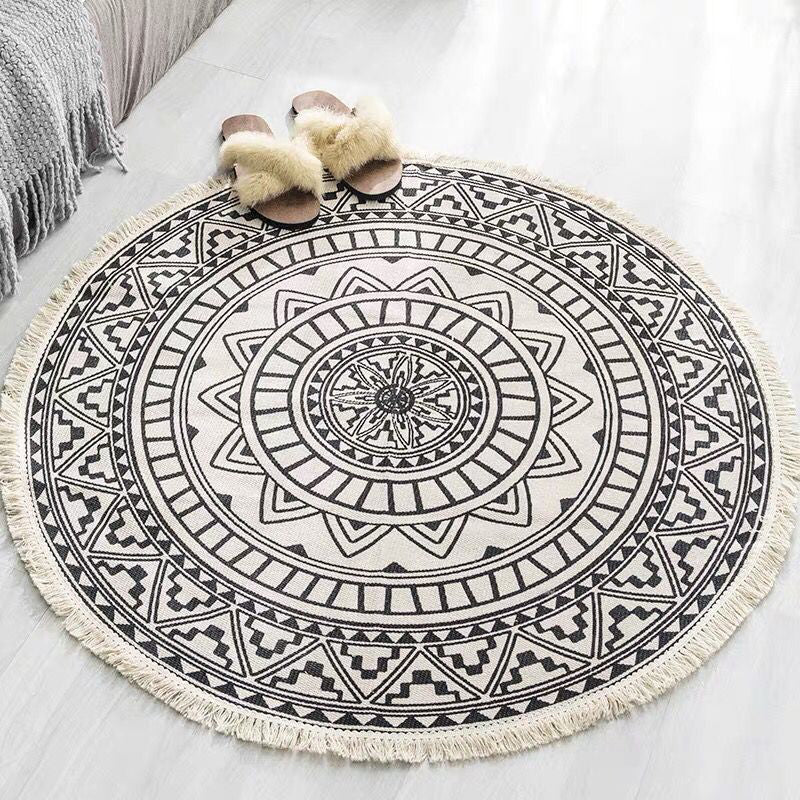 Round White Tone Simple Indoor Rug Cotton Octagonal Flower Print Rug Fringe Indoor Rug for Living Room