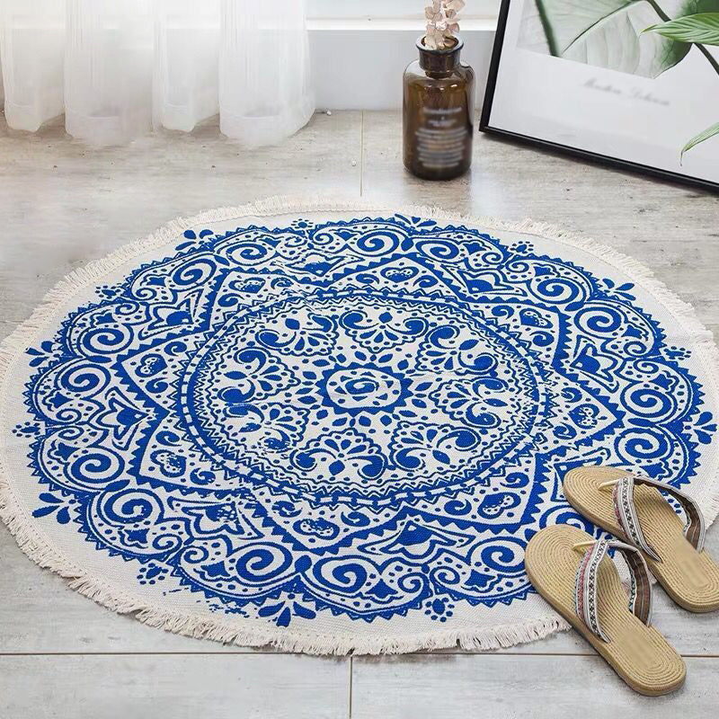 Round White Tone Simple Indoor Rug Cotton Octagonal Flower Print Rug Fringe Indoor Rug for Living Room