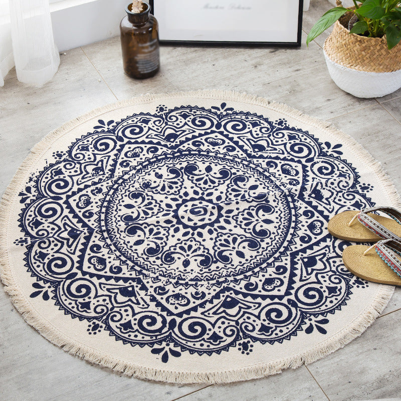 Tapis d'intérieur rond Simple en coton, ton blanc, octogonal, imprimé de fleurs, à franges, pour salon