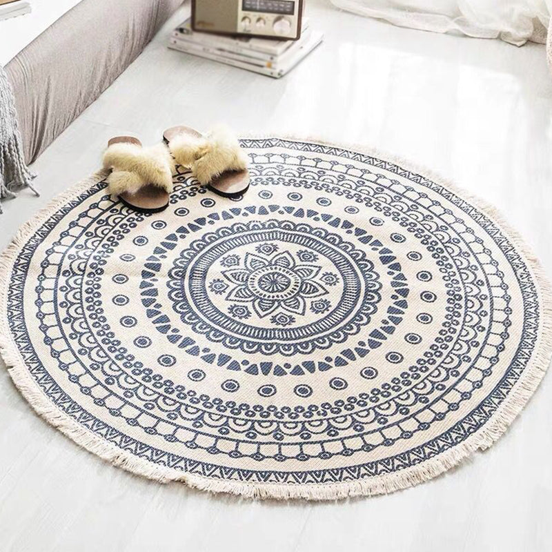 Tapis d'intérieur rond Simple en coton, ton blanc, octogonal, imprimé de fleurs, à franges, pour salon