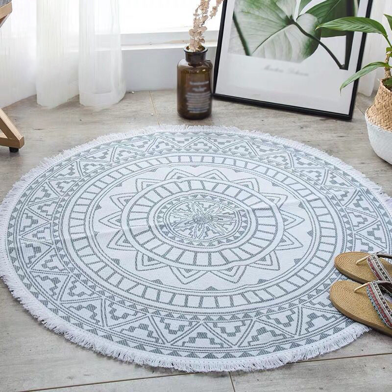 Round White Tone Simple Indoor Rug Cotton Octagonal Flower Print Rug Fringe Indoor Rug for Living Room