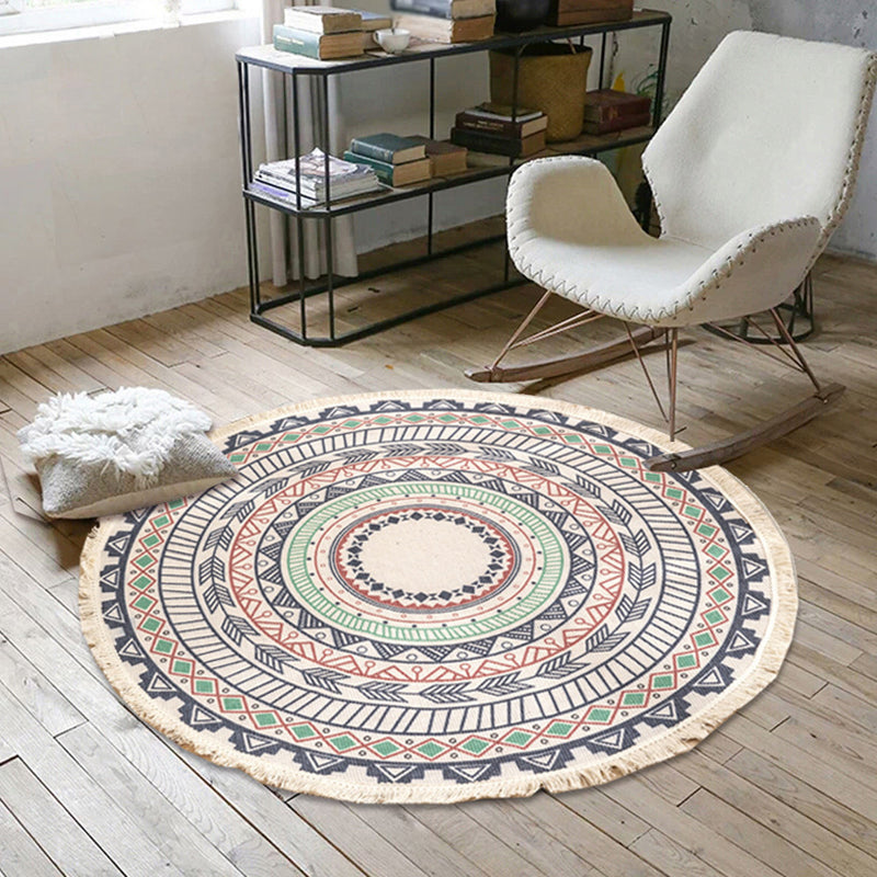 Round White Tone Simple Indoor Rug Cotton Octagonal Flower Print Rug Fringe Indoor Rug for Living Room