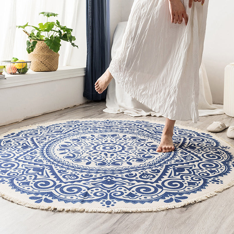 Tapis d'intérieur rond Simple en coton, ton blanc, octogonal, imprimé de fleurs, à franges, pour salon