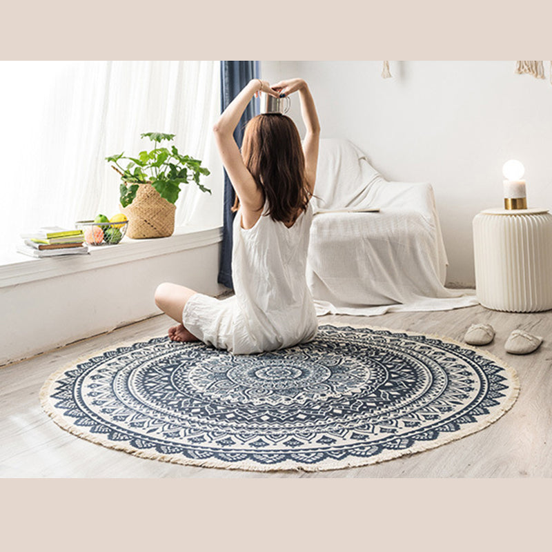 Round White Tone Simple Indoor Rug Cotton Octagonal Flower Print Rug Fringe Indoor Rug for Living Room