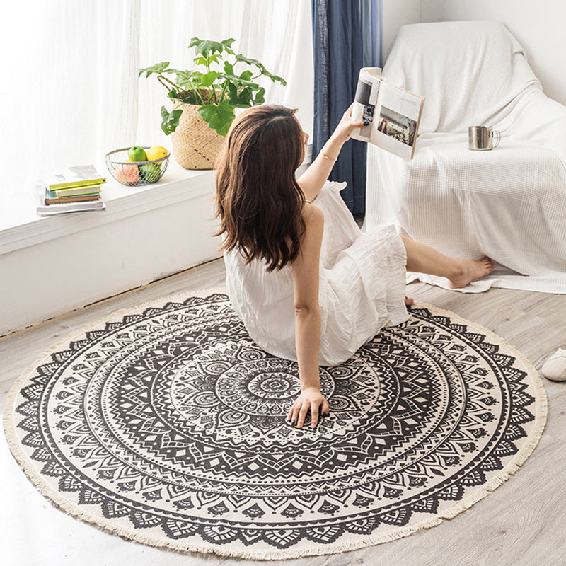 Round White Tone Simple Indoor Rug Cotton Octagonal Flower Print Rug Fringe Indoor Rug for Living Room