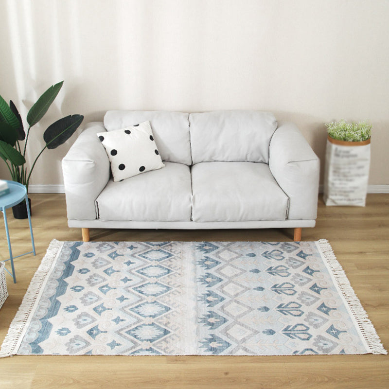 White Tone Moroccan Area Rug Cotton Tribal Print Rug Easy Care Indoor Rug for Living Room