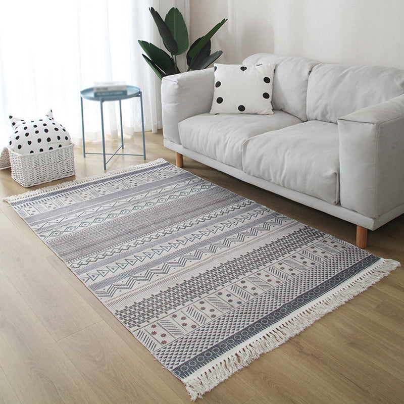 White Tone Moroccan Area Rug Cotton Tribal Print Rug Easy Care Indoor Rug for Living Room