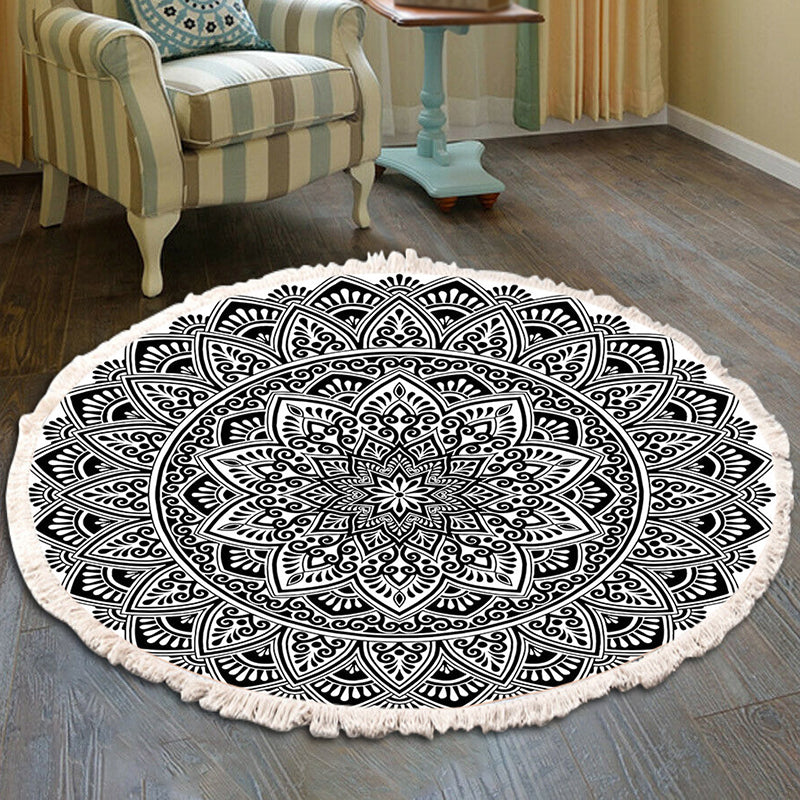 Round Black Tone Moroccan Area Carpet Cotton Concentric Circles Indoor Rug Washable Carpet for Living Room